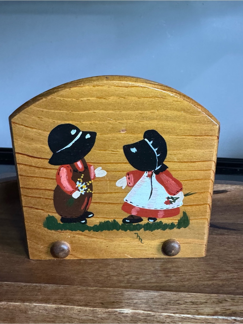 Vintage Wooden Amish Dutch Boy & Girl Napkin Holder